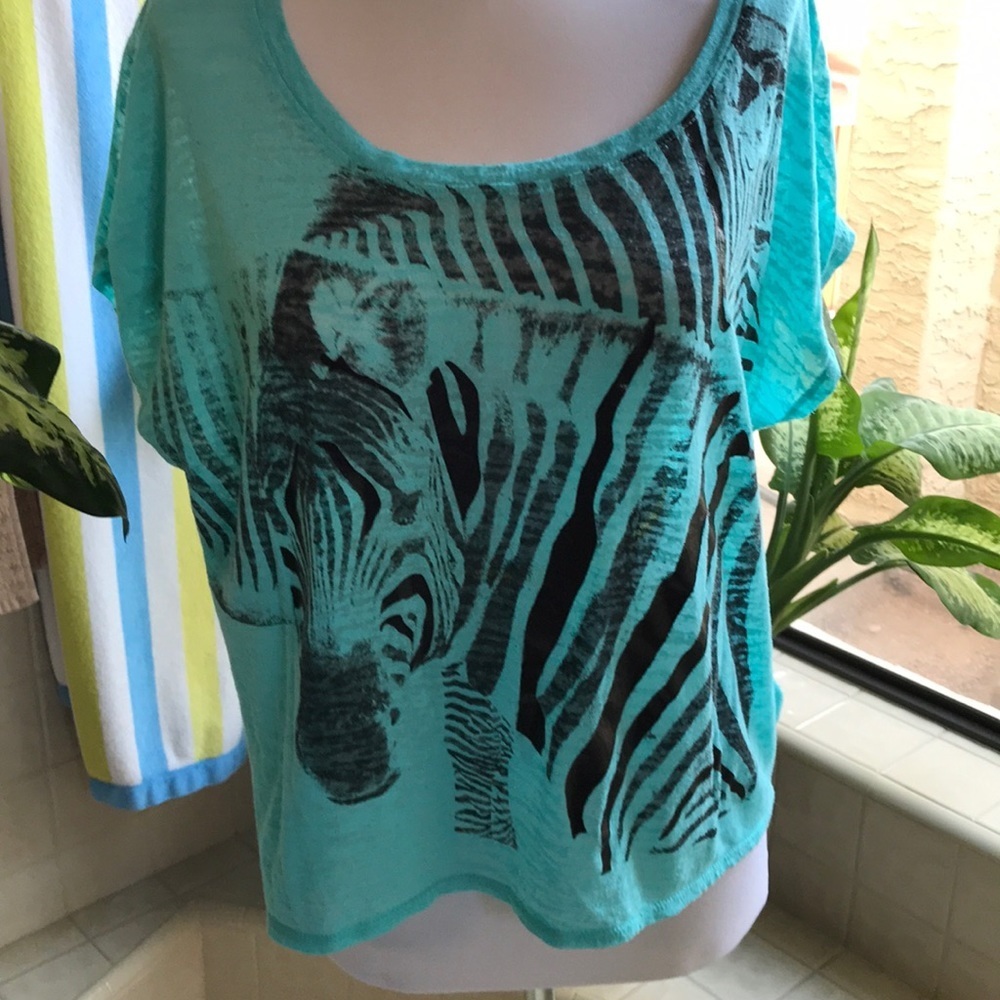 Zebra pattern teal and black scoop neck crop top